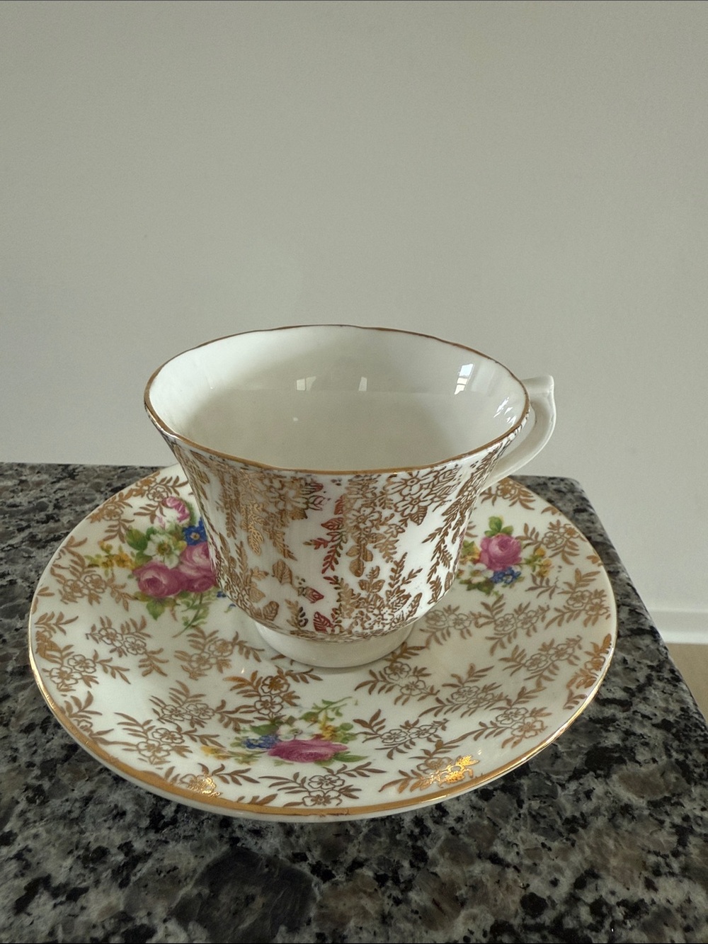 Gold Filigree Floral Teacup and Saucer - Pink & Green Accents